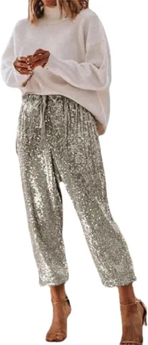 Sequin Joggers for Women Casual Drawstring Elastic Sparkle Glitter High Waist Pencil Pants Trousers Clubwear Pants