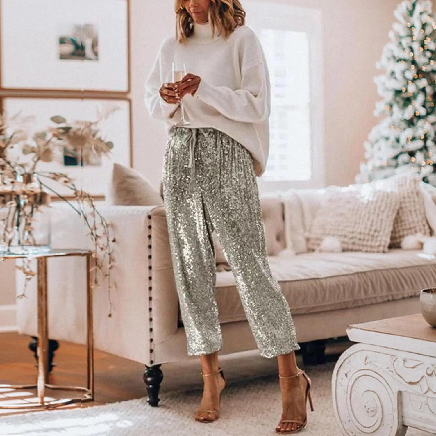 Sequin Joggers for Women Casual Drawstring Elastic Sparkle Glitter High Waist Pencil Pants Trousers Clubwear Pants