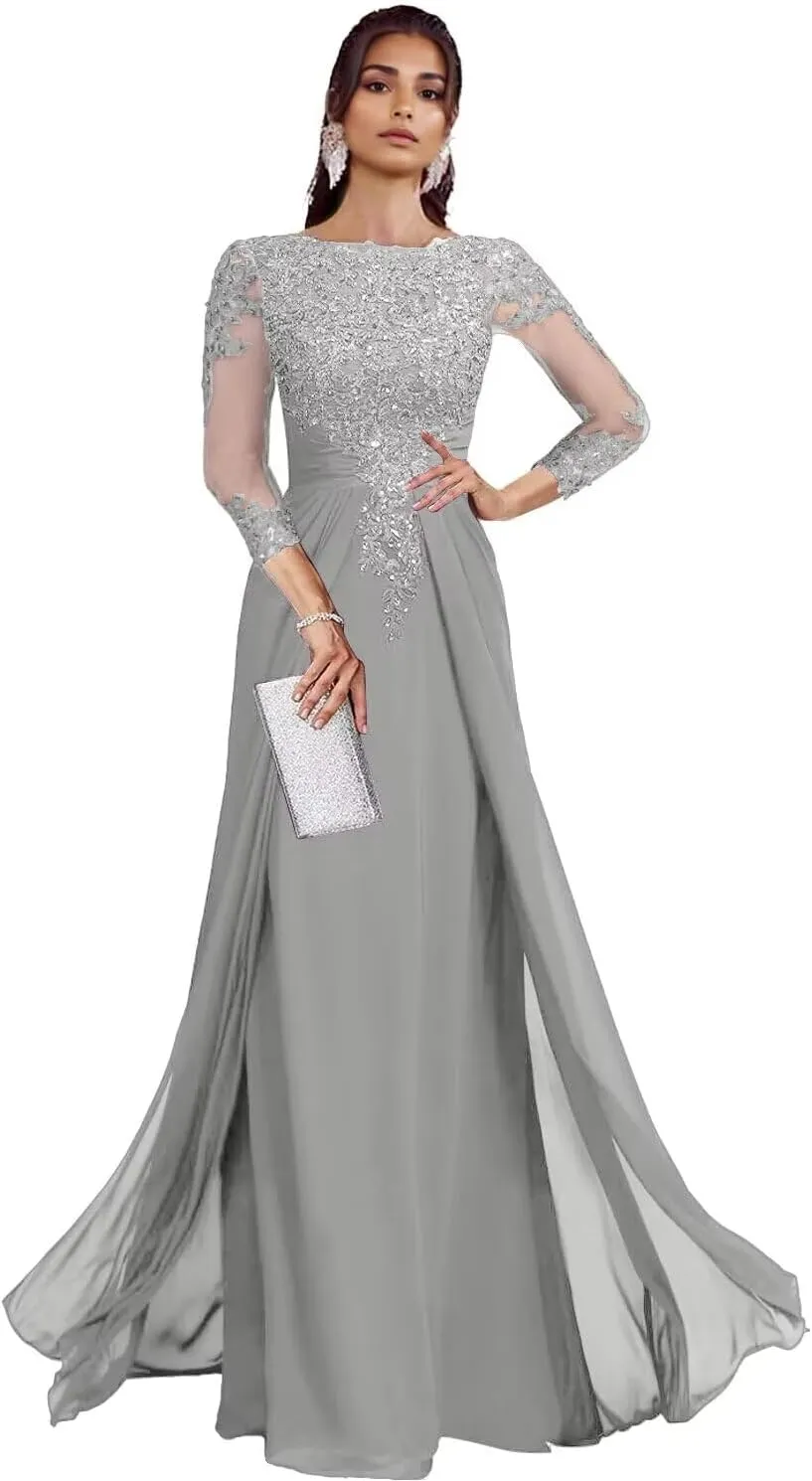 Sequin Lace Mother of The Bride Dresses for Wedding 3/4 Sleeves Mother of The Groom Dresses Chiffon Formal Dress