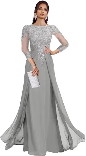Sequin Lace Mother of The Bride Dresses for Wedding 3/4 Sleeves Mother of The Groom Dresses Chiffon Formal Dress