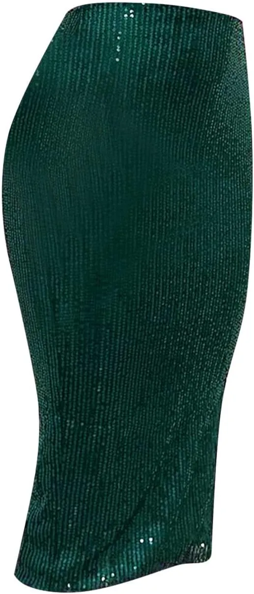 Sequin Midi Skirt with Slit for Women Elegant Sparkle High Waist Pencil Cocktail Party Skirt Business Work Skirts