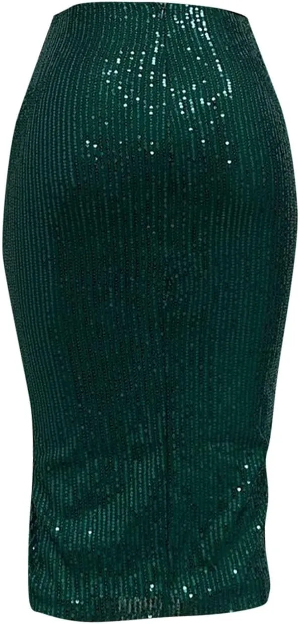 Sequin Midi Skirt with Slit for Women Elegant Sparkle High Waist Pencil Cocktail Party Skirt Business Work Skirts