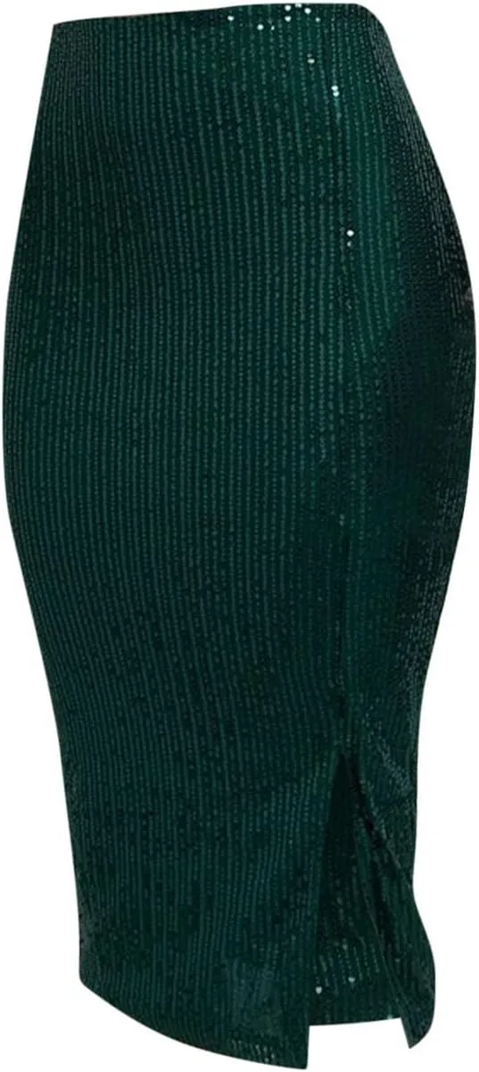 Sequin Midi Skirt with Slit for Women Elegant Sparkle High Waist Pencil Cocktail Party Skirt Business Work Skirts