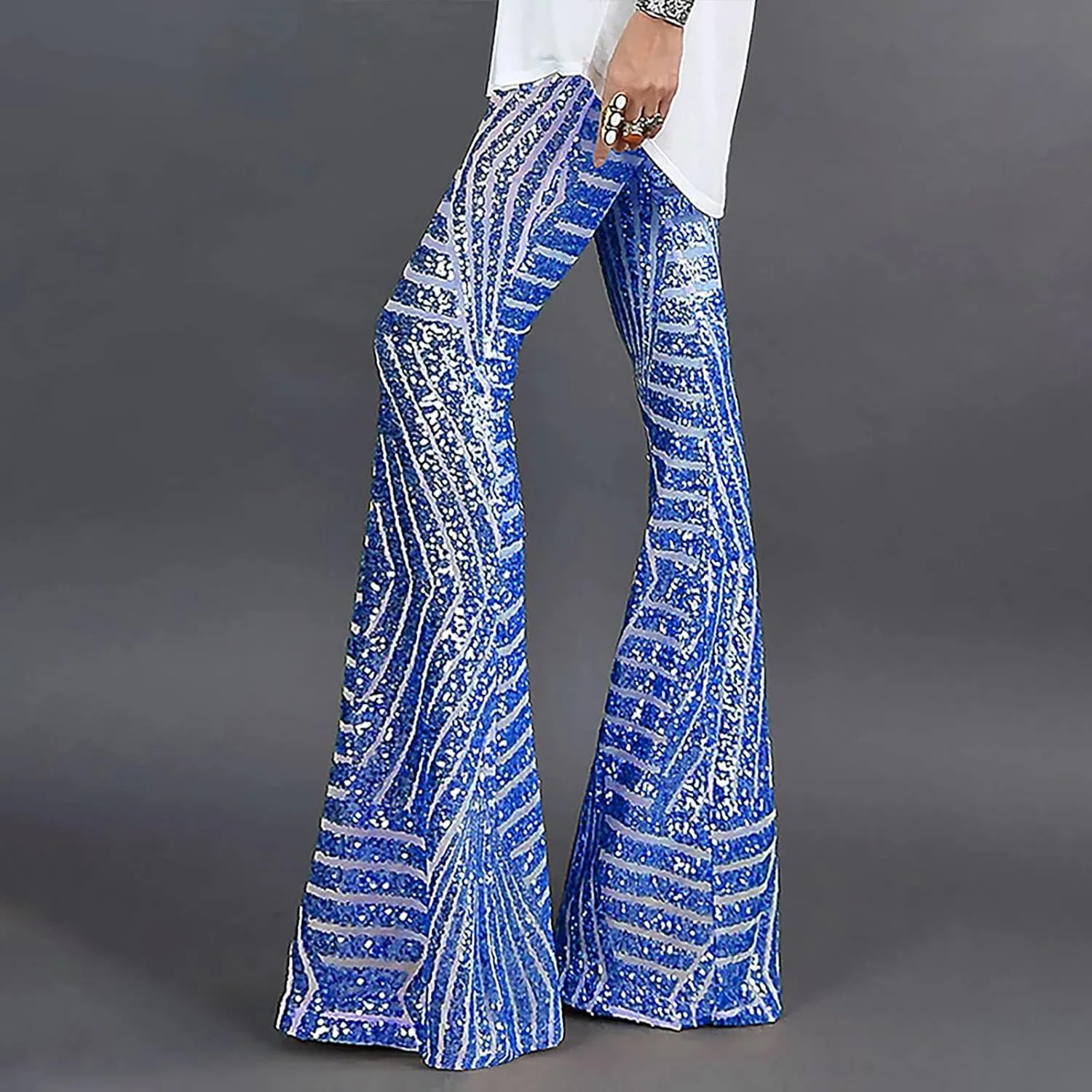 Sequin Pants Womens High Waist Bell Bottoms Glitter Wide Leg Palazzo Pants Night Club Sparkle Flared Trousers
