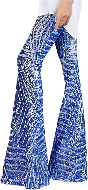 Sequin Pants Womens High Waist Bell Bottoms Glitter Wide Leg Palazzo Pants Night Club Sparkle Flared Trousers