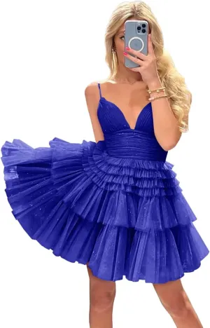 Sevintage Sparkly Tulle Homecoming Dress with Ruffles Short Tiered Graduation Formal Prom Cocktail Party Gown