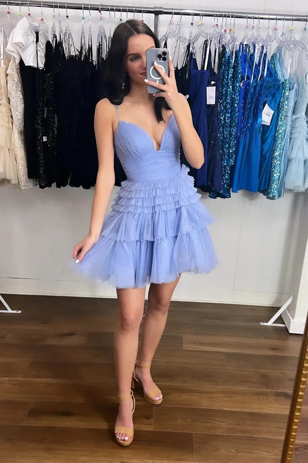 Sevintage Sparkly Tulle Homecoming Dress with Ruffles Short Tiered Graduation Formal Prom Cocktail Party Gown