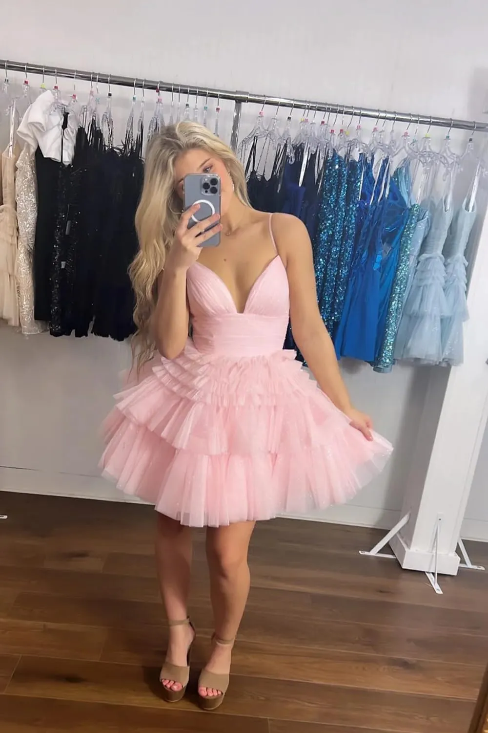 Sevintage Sparkly Tulle Homecoming Dress with Ruffles Short Tiered Graduation Formal Prom Cocktail Party Gown