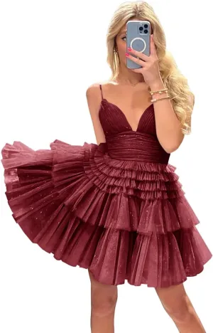 Sevintage Sparkly Tulle Homecoming Dress with Ruffles Short Tiered Graduation Formal Prom Cocktail Party Gown