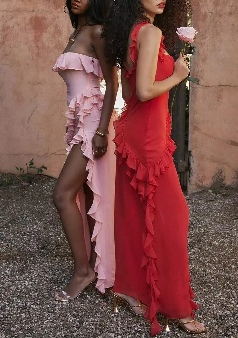 Sexy Bodycon Prom Dresses High Slit Ruffled Chiffon Cocktail Maxi Dress Long Spaghetti Straps Formal Evening Gowns