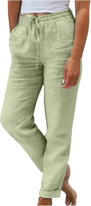 SHOPESSA Linen Pants for Women Drawstring high Waisted Capris with Pockets Solid Color Ladies capriswomen Linen Pants