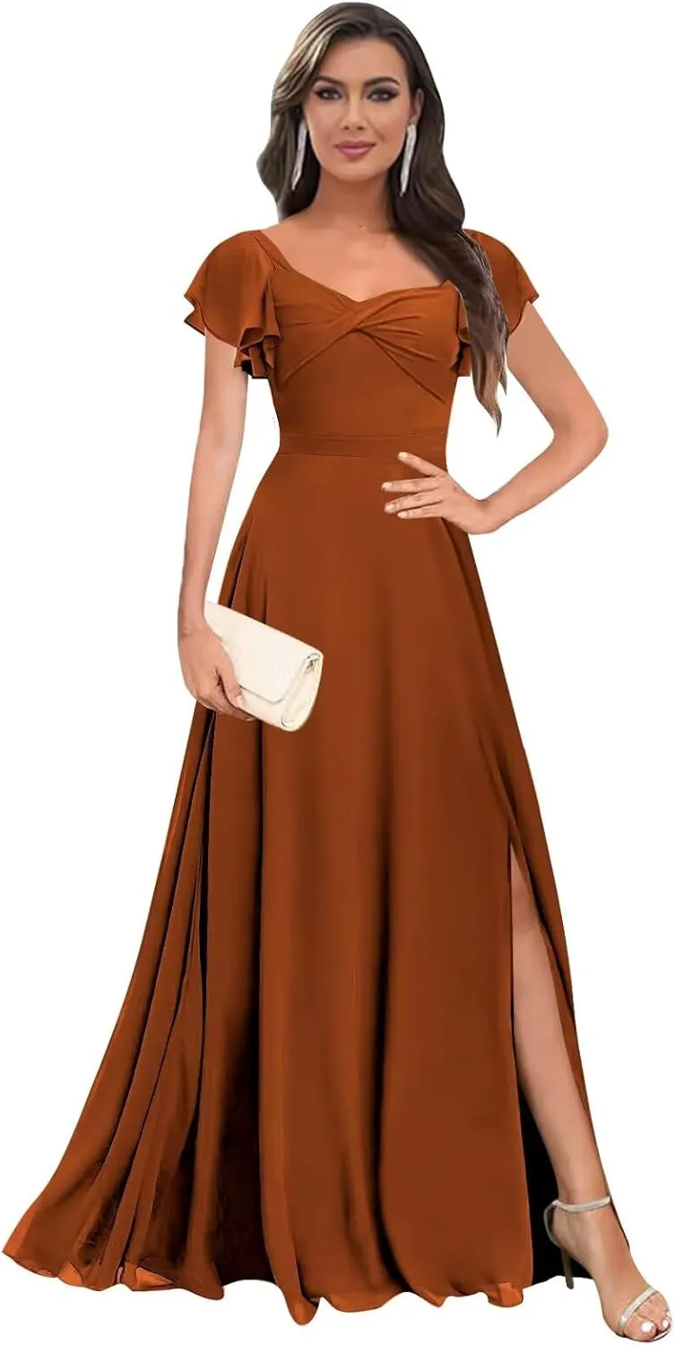 Short Sleeve Bridesmaid Dresses Long V Neck A Line Ruffle Chiffon Evening Formal Gown with Slit