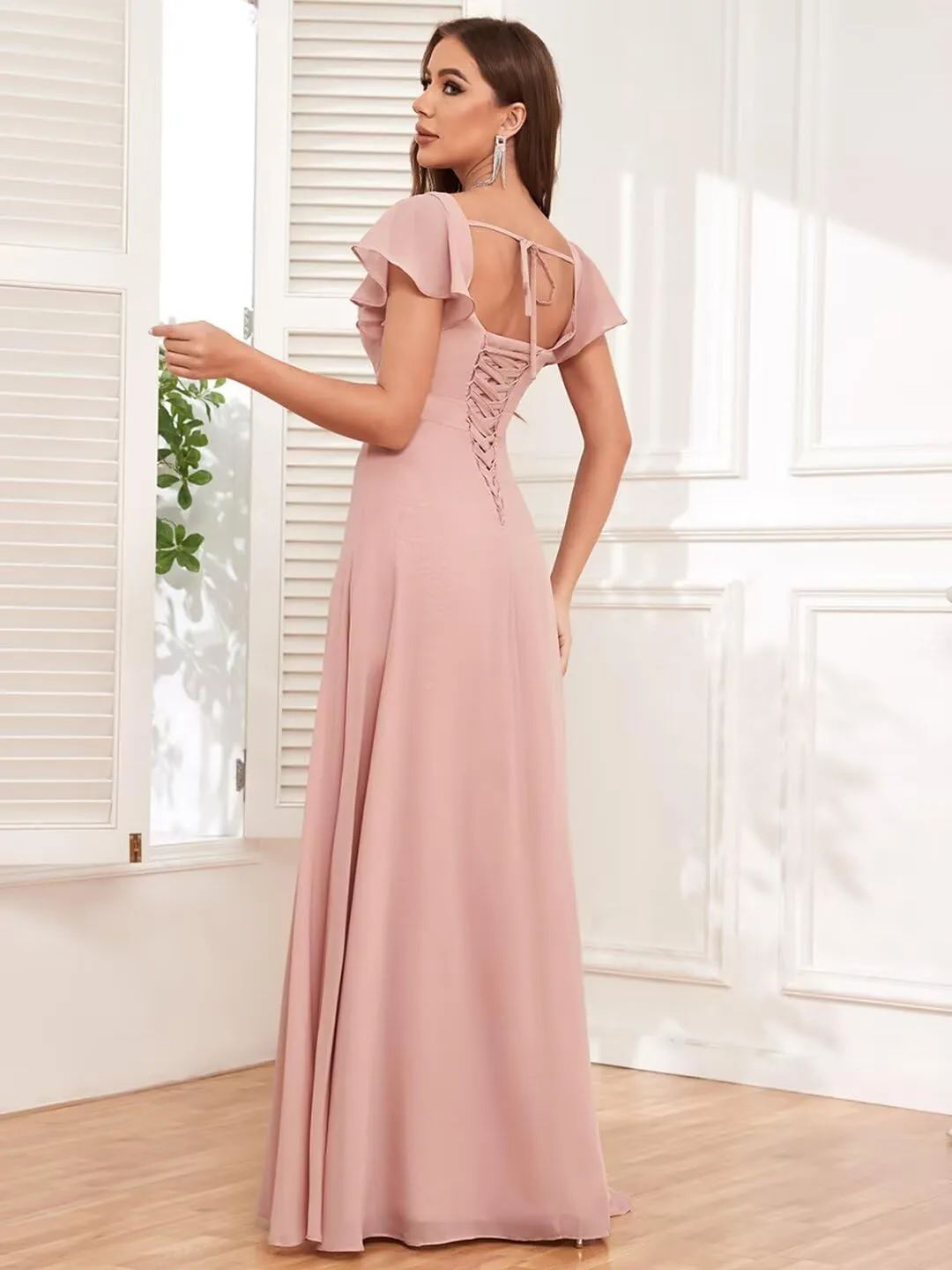 Short Sleeve Bridesmaid Dresses Long V Neck A Line Ruffle Chiffon Evening Formal Gown with Slit