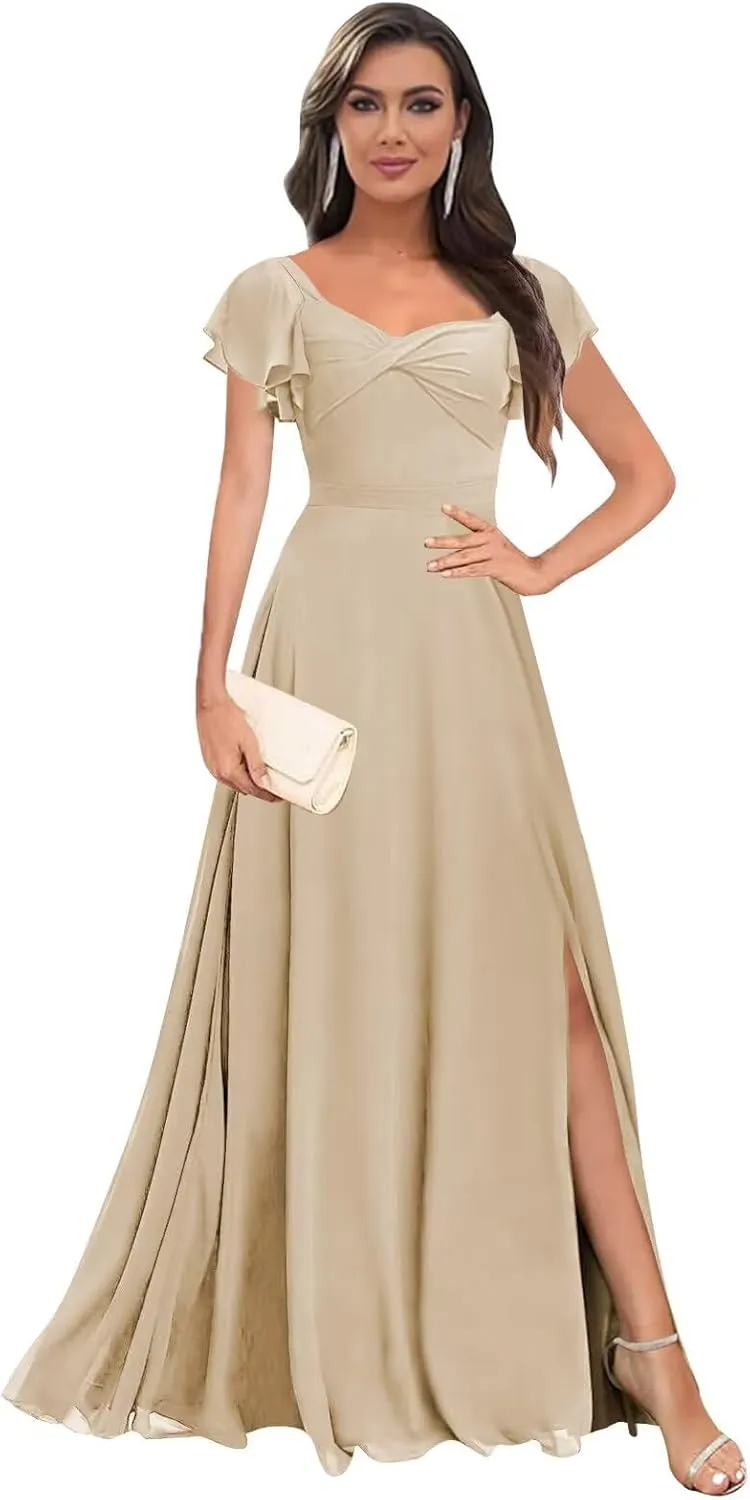 Short Sleeve Bridesmaid Dresses Long V Neck A Line Ruffle Chiffon Evening Formal Gown with Slit