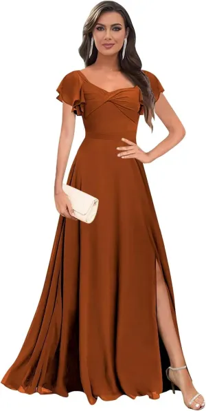 Short Sleeve Bridesmaid Dresses Long V Neck A Line Ruffle Chiffon Evening Formal Gown with Slit