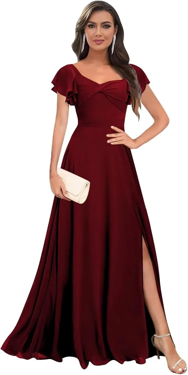 Short Sleeve Bridesmaid Dresses Long V Neck A Line Ruffle Chiffon Evening Formal Gown with Slit