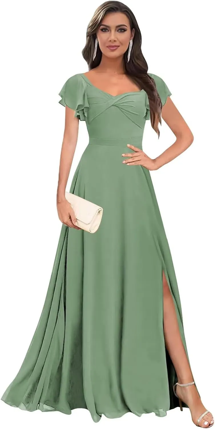 Short Sleeve Bridesmaid Dresses Long V Neck A Line Ruffle Chiffon Evening Formal Gown with Slit