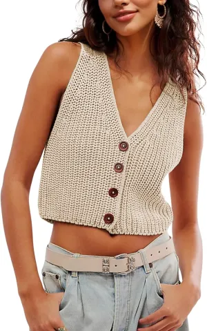 SKIKYAN Womens Casual Knit Sweater Vest Button Down Sleeveless Crochet Crop Short Cardigans