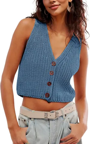 SKIKYAN Womens Casual Knit Sweater Vest Button Down Sleeveless Crochet Crop Short Cardigans