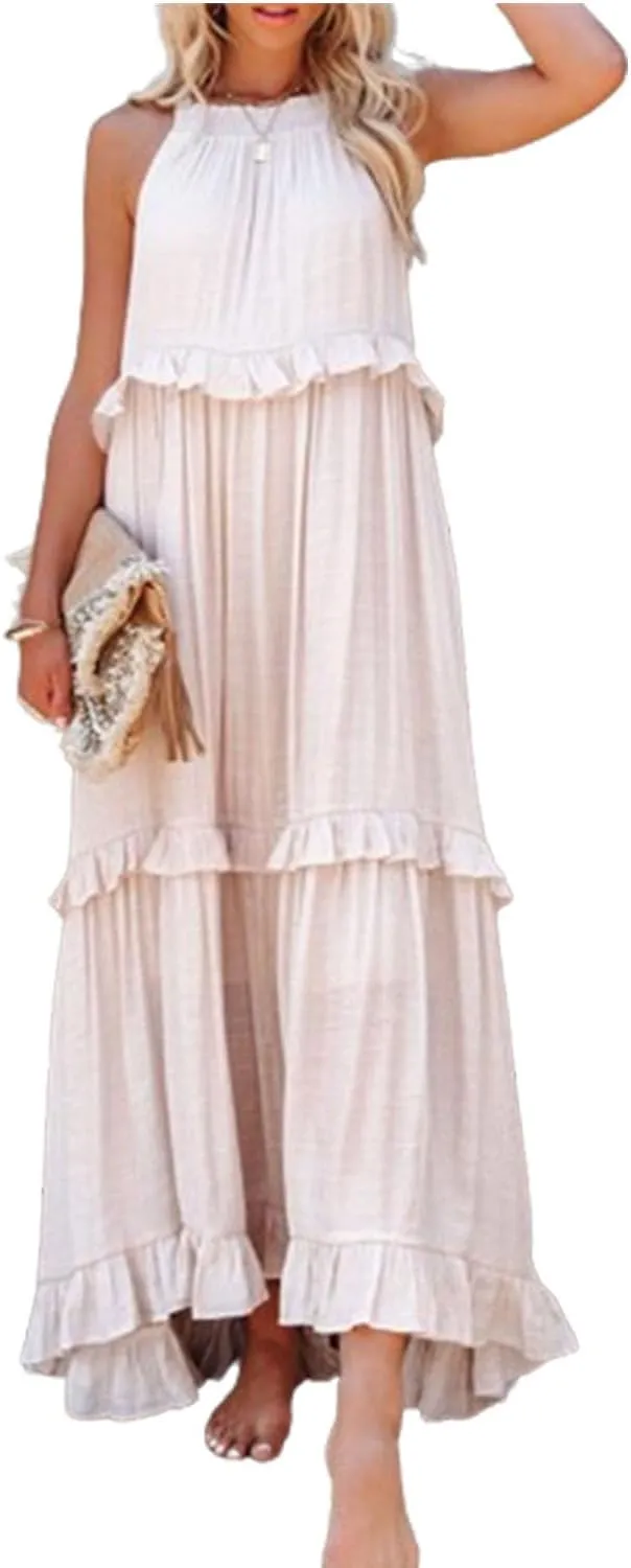 Sleeveless Halter Maxi Dress Casual Flowy Ruffle Sundress Beach Swing Long Dresses Sundress