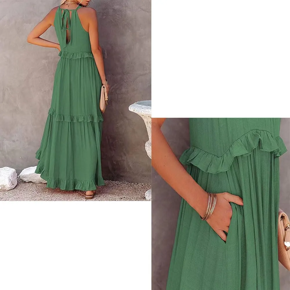 Sleeveless Halter Maxi Dress Casual Flowy Ruffle Sundress Beach Swing Long Dresses Sundress
