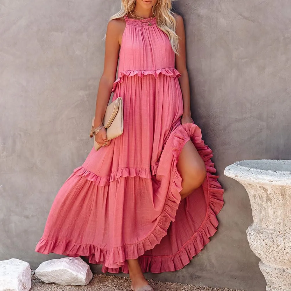 Sleeveless Halter Maxi Dress Casual Flowy Ruffle Sundress Beach Swing Long Dresses Sundress