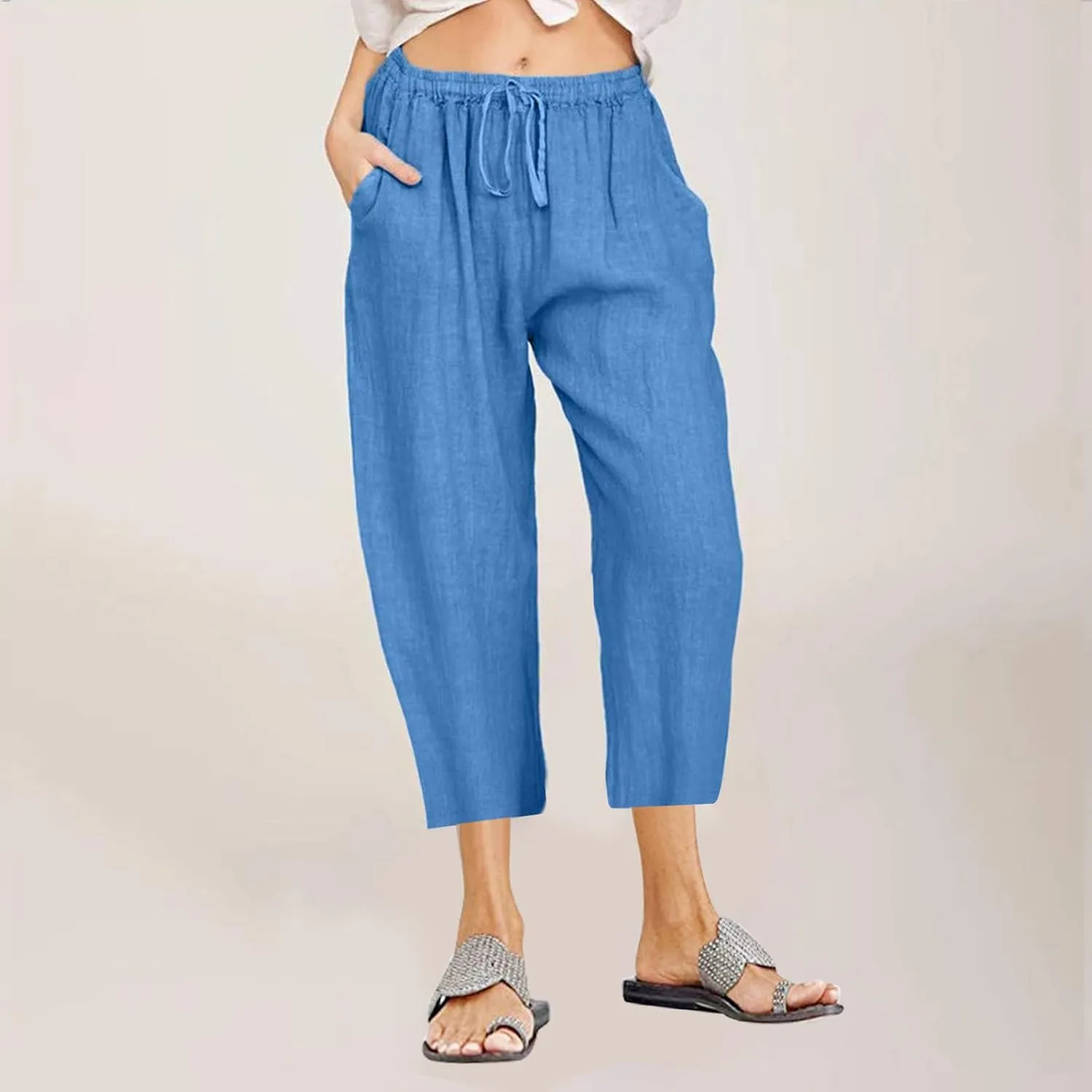 SMIDOW Cotton Linen Wide Leg Pants for Women Casual Summer Drawstring Elastic Waist Capris Loose Cropped Trouser with Pockets