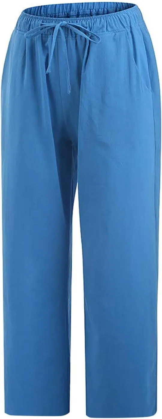SMIDOW Cotton Linen Wide Leg Pants for Women Casual Summer Drawstring Elastic Waist Capris Loose Cropped Trouser with Pockets