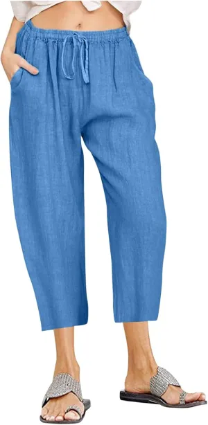 SMIDOW Cotton Linen Wide Leg Pants for Women Casual Summer Drawstring Elastic Waist Capris Loose Cropped Trouser with Pockets