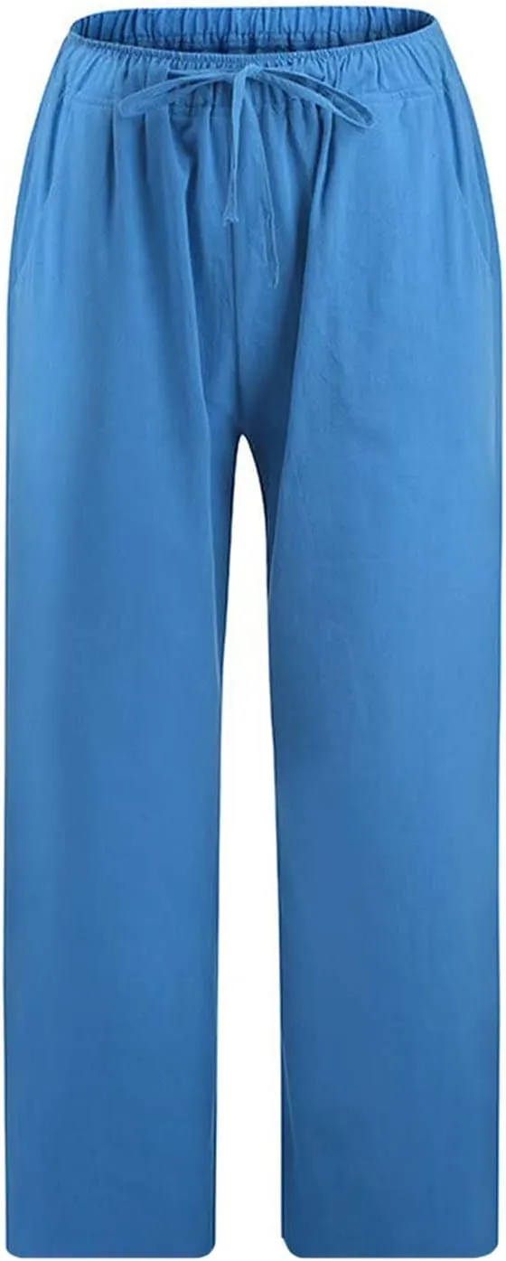 SMIDOW Cotton Linen Wide Leg Pants for Women Casual Summer Drawstring Elastic Waist Capris Loose Cropped Trouser with Pockets