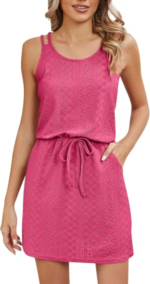 Spaghetti Strap Eyelet Dresses for Women 2025 Summer Hollow Out Scoop Neck Mini Sundress Sleeveless Beach Cover Up