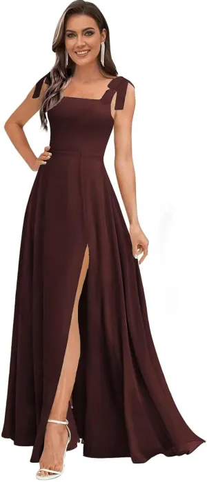 Spaghetti Straps Long Bridesmaid Dresses for Wedding Square Neck Chiffon Formal Dresses with Slit