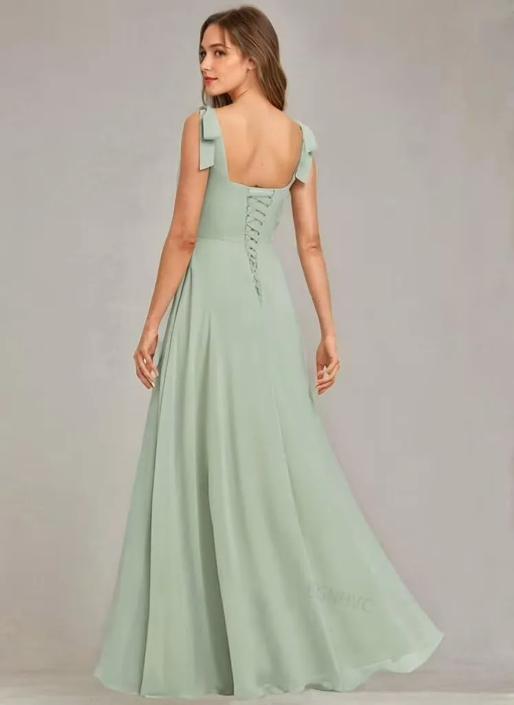 Spaghetti Straps Long Bridesmaid Dresses for Wedding Square Neck Chiffon Formal Dresses with Slit