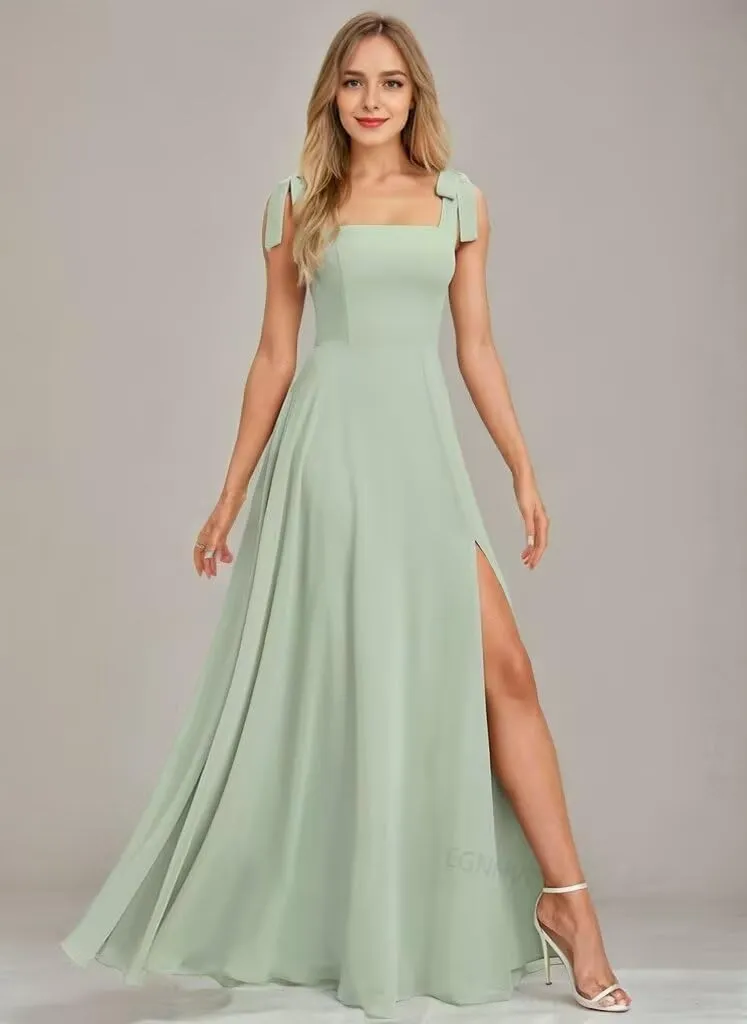 Spaghetti Straps Long Bridesmaid Dresses for Wedding Square Neck Chiffon Formal Dresses with Slit