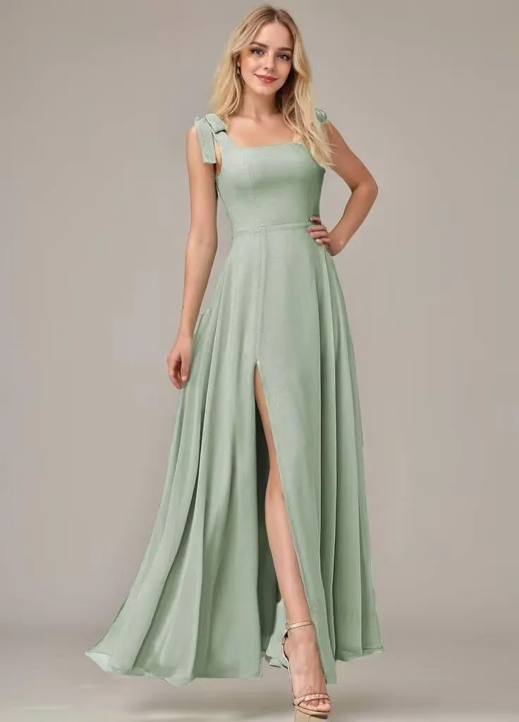 Spaghetti Straps Long Bridesmaid Dresses for Wedding Square Neck Chiffon Formal Dresses with Slit