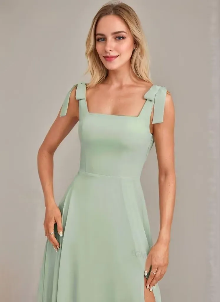 Spaghetti Straps Long Bridesmaid Dresses for Wedding Square Neck Chiffon Formal Dresses with Slit