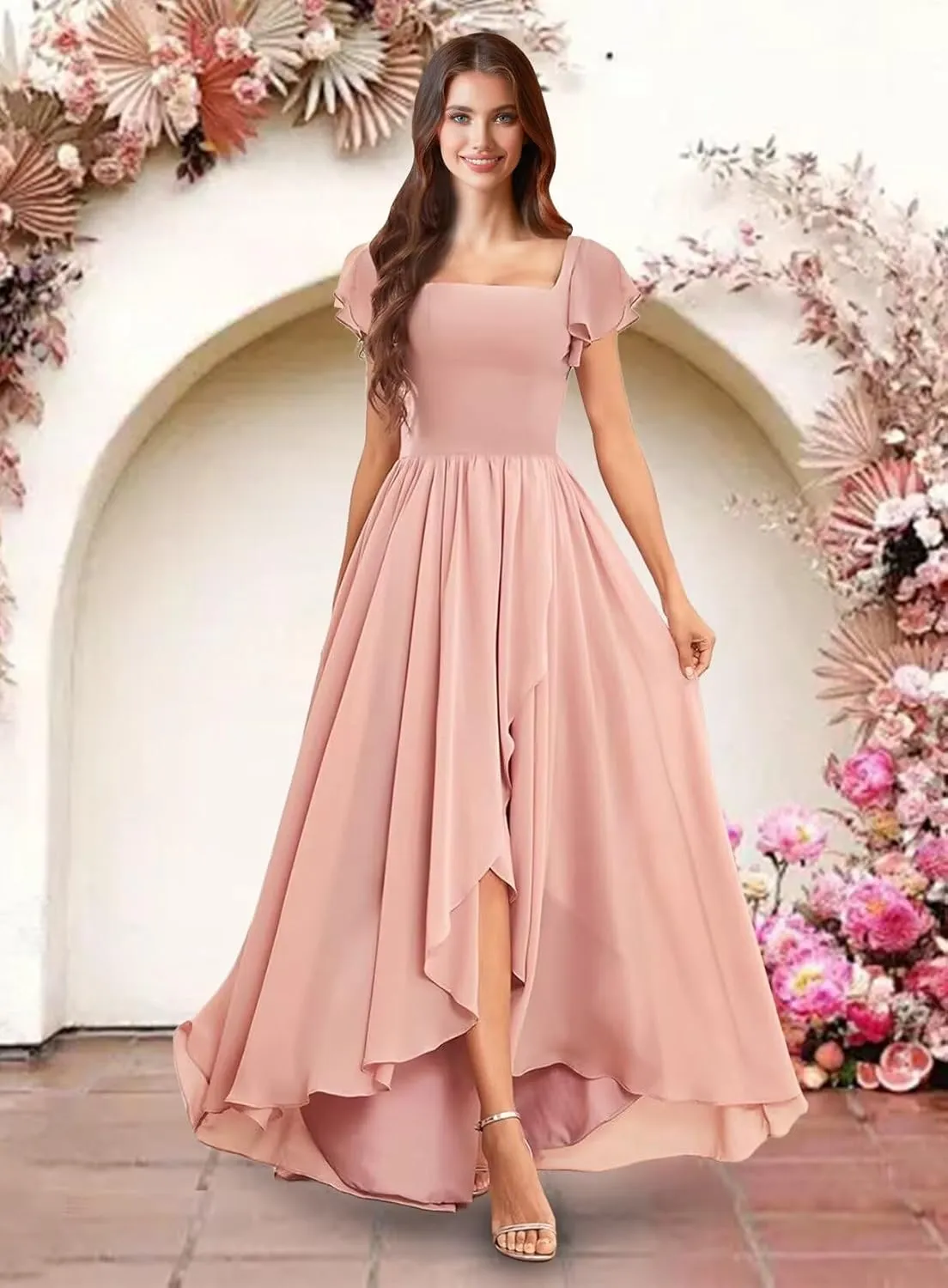 Square Neck Bridesmaid Dresses for Women Chiffon High Low Pleated Ruffle Formal Maxi Evening Gown
