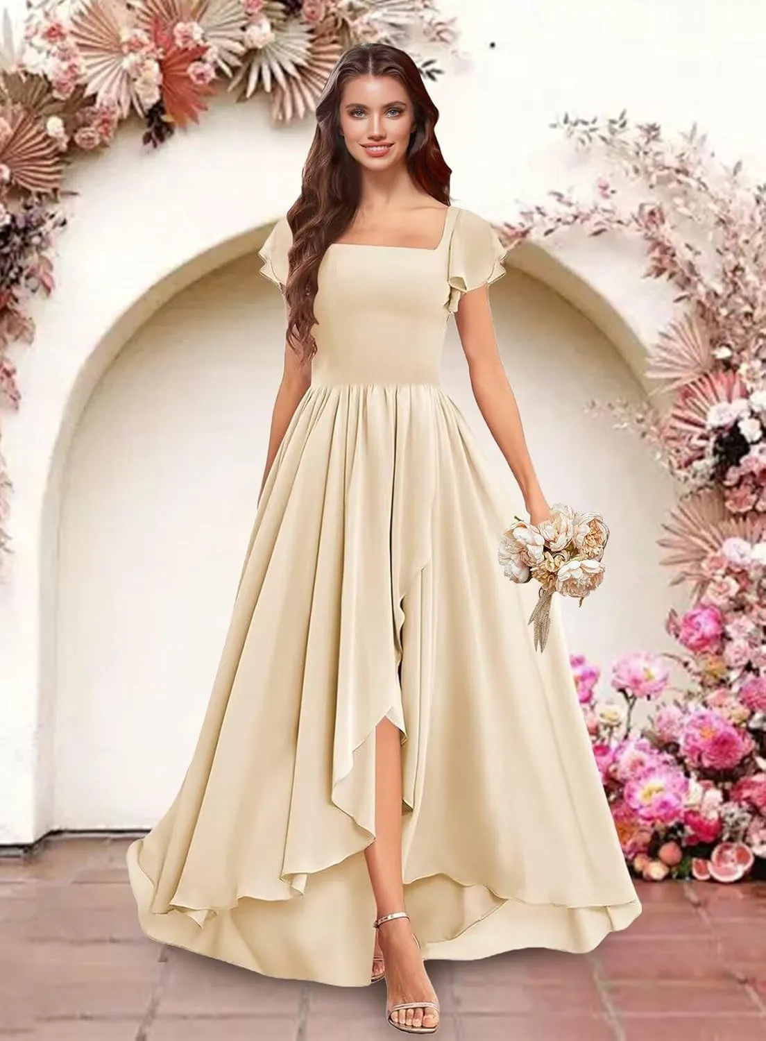 Square Neck Bridesmaid Dresses for Women Chiffon High Low Pleated Ruffle Formal Maxi Evening Gown