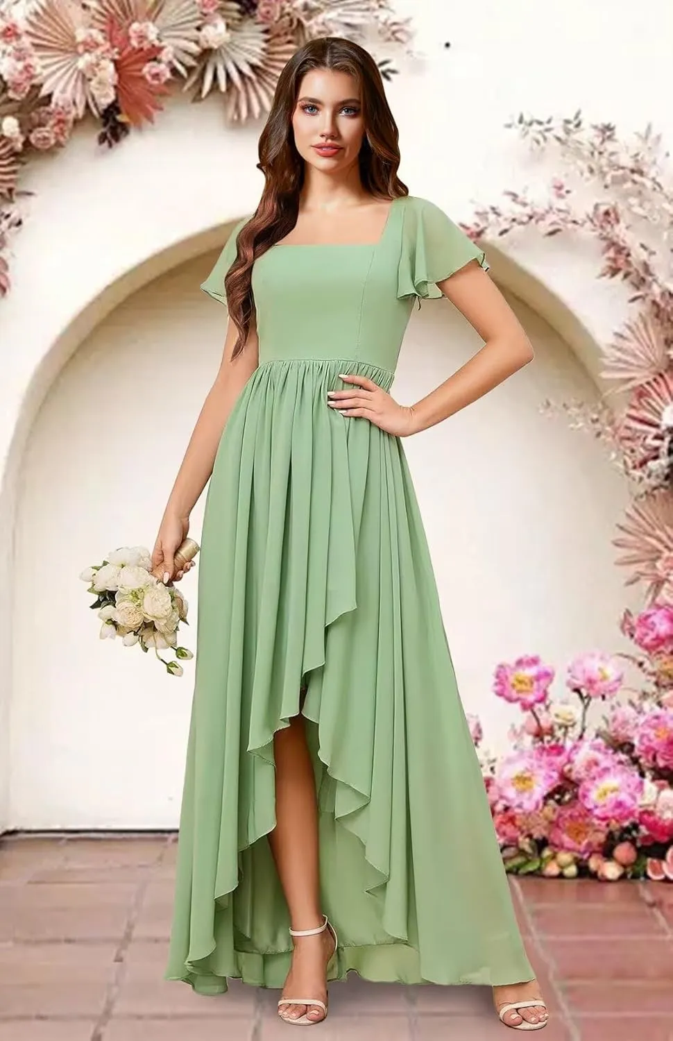 Square Neck Bridesmaid Dresses for Women Chiffon High Low Pleated Ruffle Formal Maxi Evening Gown