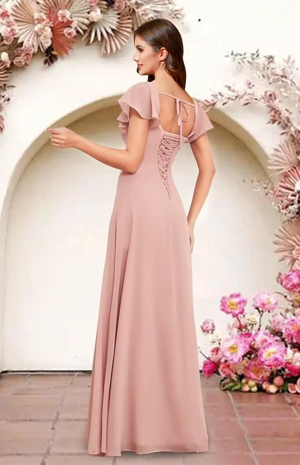Square Neck Bridesmaid Dresses for Women Chiffon High Low Pleated Ruffle Formal Maxi Evening Gown