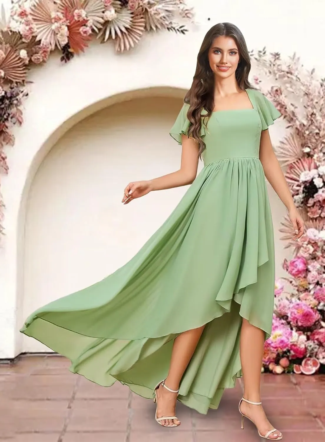 Square Neck Bridesmaid Dresses for Women Chiffon High Low Pleated Ruffle Formal Maxi Evening Gown