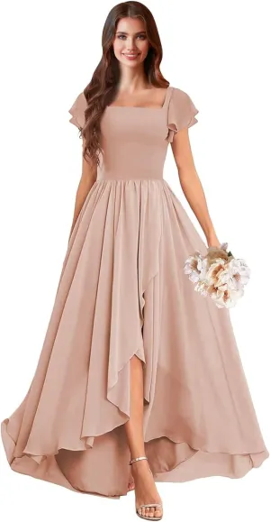 Square Neck Bridesmaid Dresses for Women Chiffon High Low Pleated Ruffle Formal Maxi Evening Gown