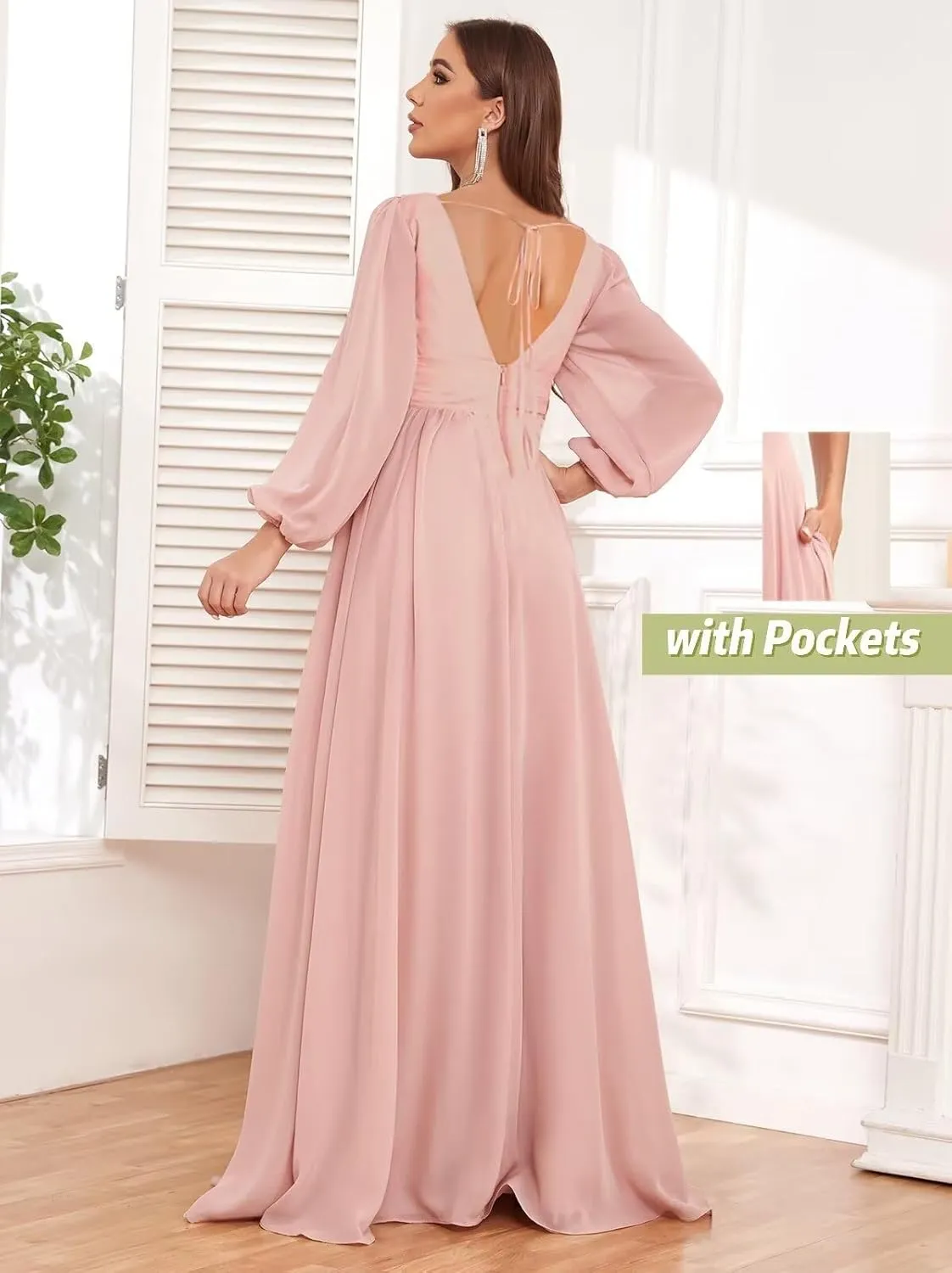 Square Neck Long Sleeve Bridesmaid Dresses with Pockets for Women Chiffon Ruched Wedding Guest Formal Gown