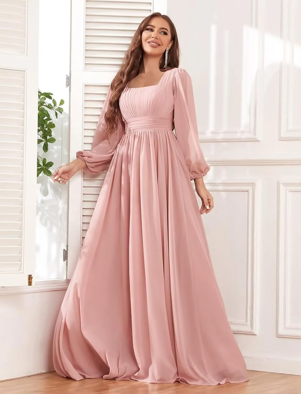 Square Neck Long Sleeve Bridesmaid Dresses with Pockets for Women Chiffon Ruched Wedding Guest Formal Gown