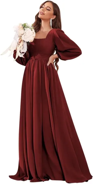 Square Neck Long Sleeve Bridesmaid Dresses with Pockets for Women Chiffon Ruched Wedding Guest Formal Gown