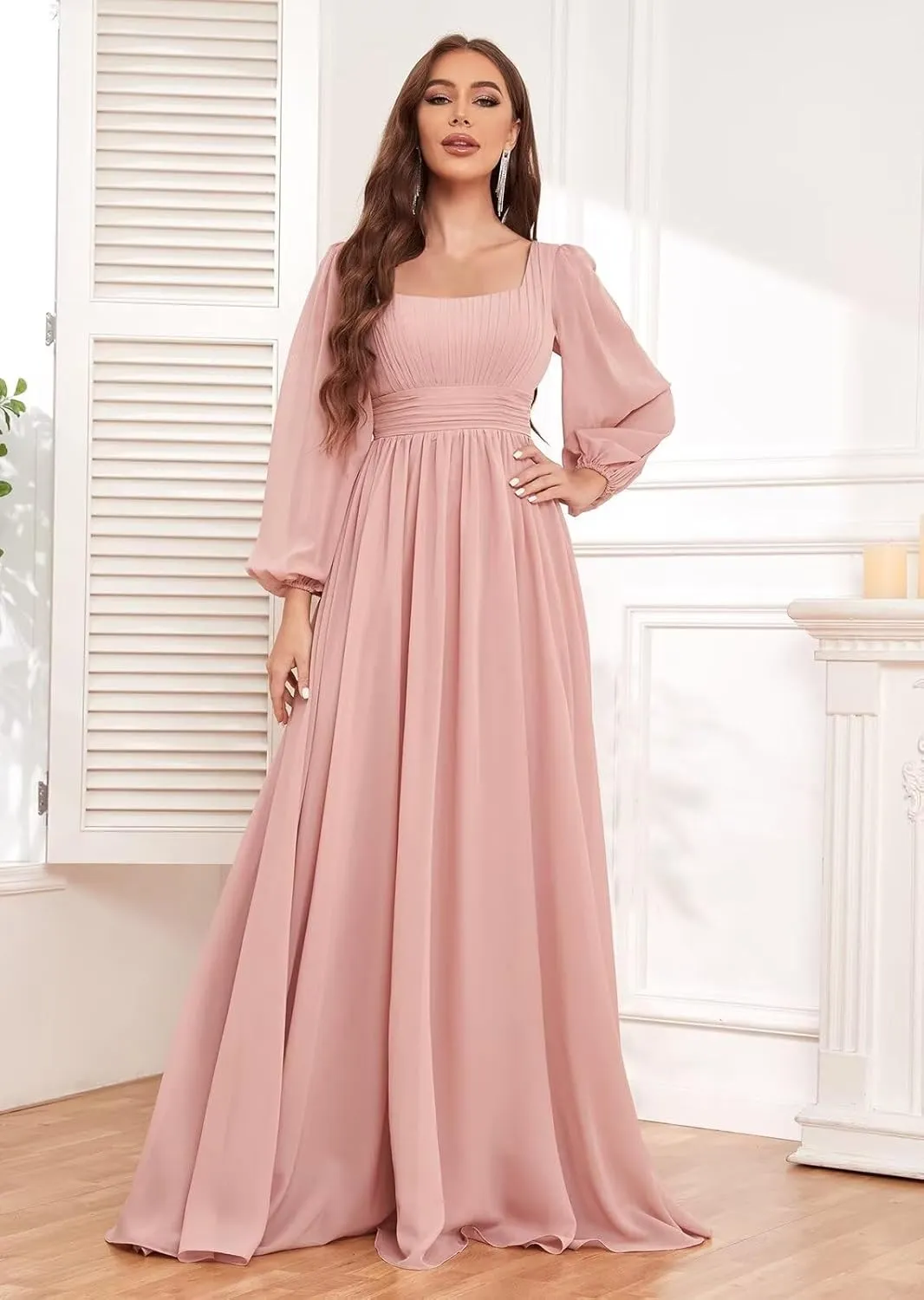 Square Neck Long Sleeve Bridesmaid Dresses with Pockets for Women Chiffon Ruched Wedding Guest Formal Gown