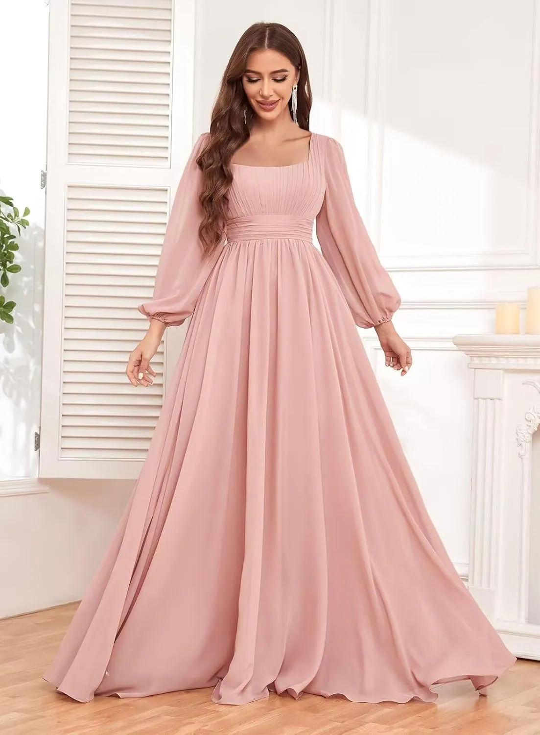 Square Neck Long Sleeve Bridesmaid Dresses with Pockets for Women Chiffon Ruched Wedding Guest Formal Gown