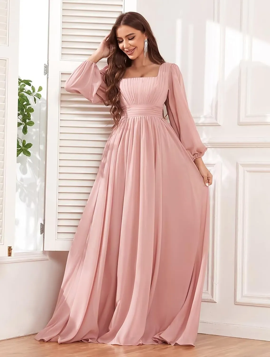 Square Neck Long Sleeve Bridesmaid Dresses with Pockets for Women Chiffon Ruched Wedding Guest Formal Gown