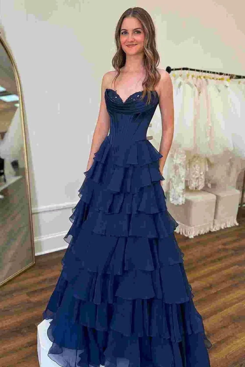 Strapless Prom Dresses for Women 2025 Chiffon Layered Formal Evening Dress A Line Corset Party Gowns with Slit
