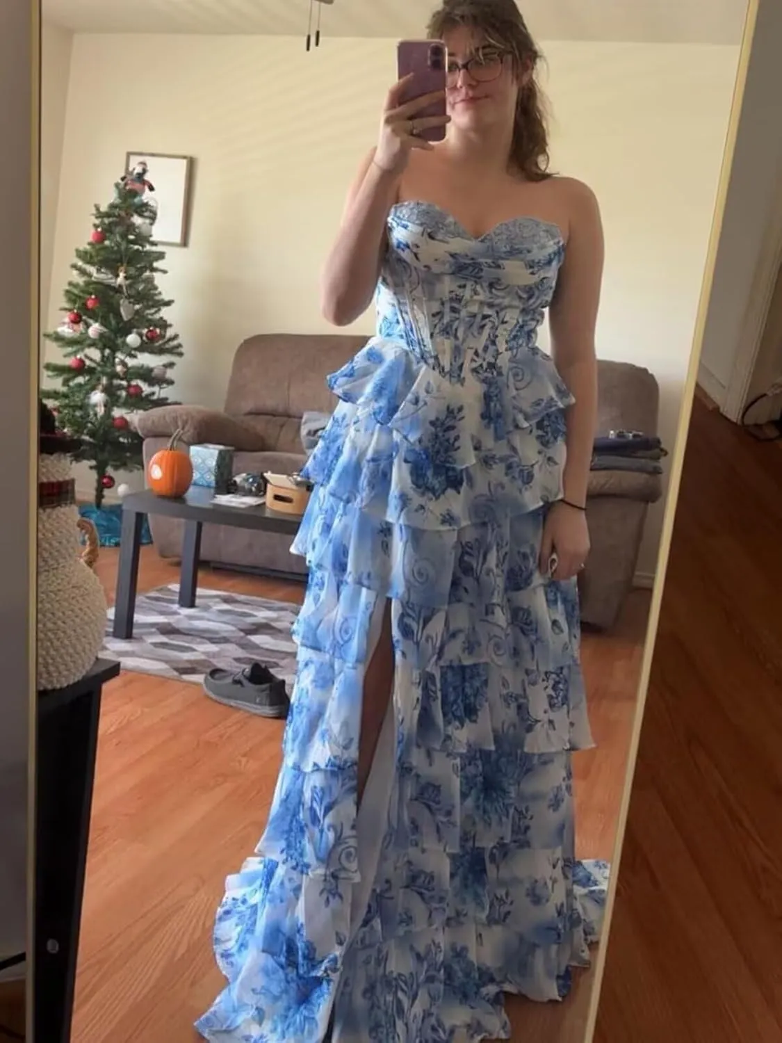 Strapless Prom Dresses for Women 2025 Chiffon Layered Formal Evening Dress A Line Corset Party Gowns with Slit